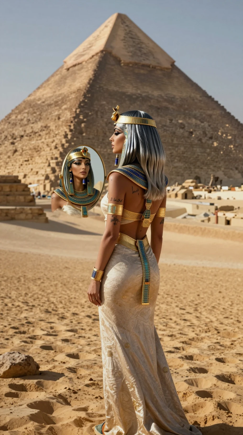 Ancient Egyptian queen before a towering desert pyramid