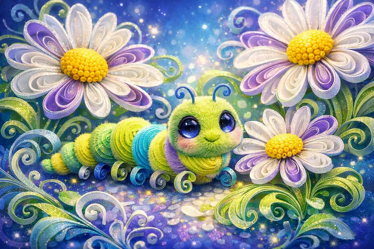 Bruco giocoso in quilling di carta accanto a margherite in fiore