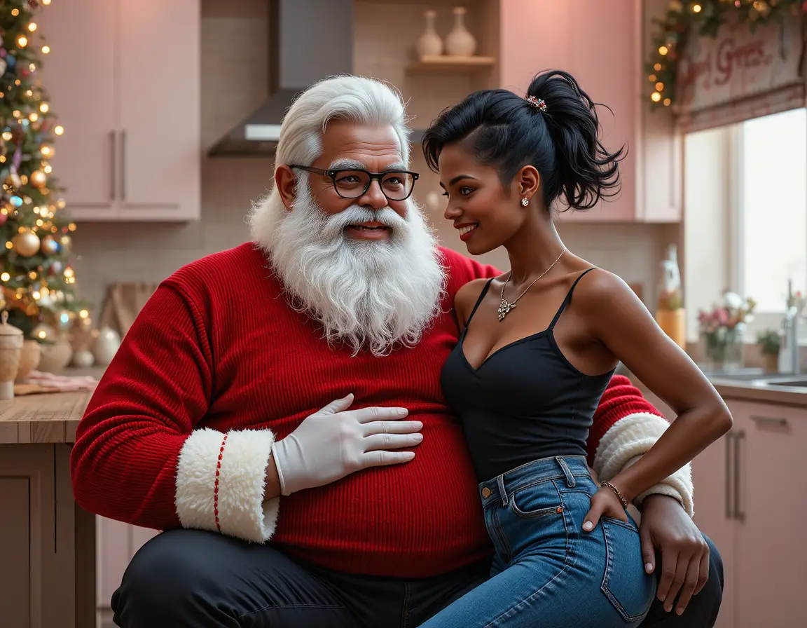Smiling boy leaning close to Santa in warm christmas scene