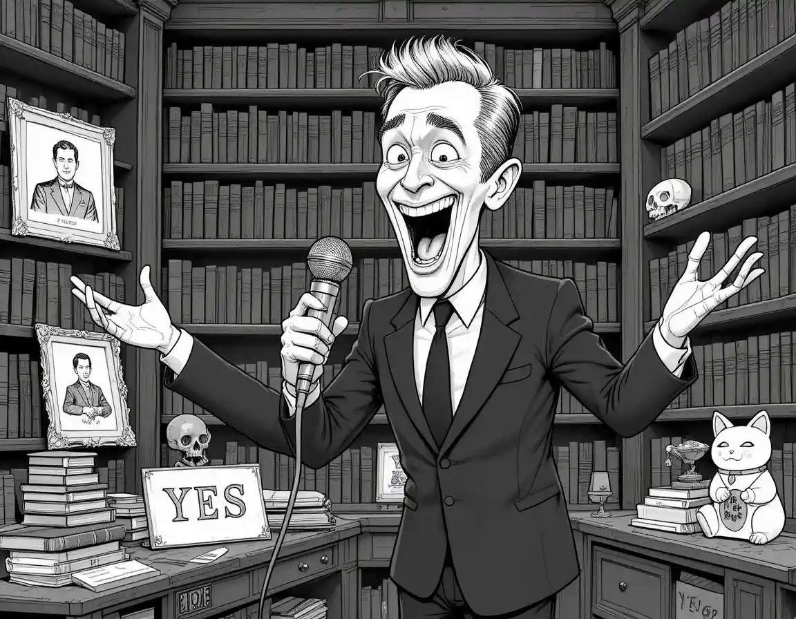 Man laughing into vintage microphone in dramatic library