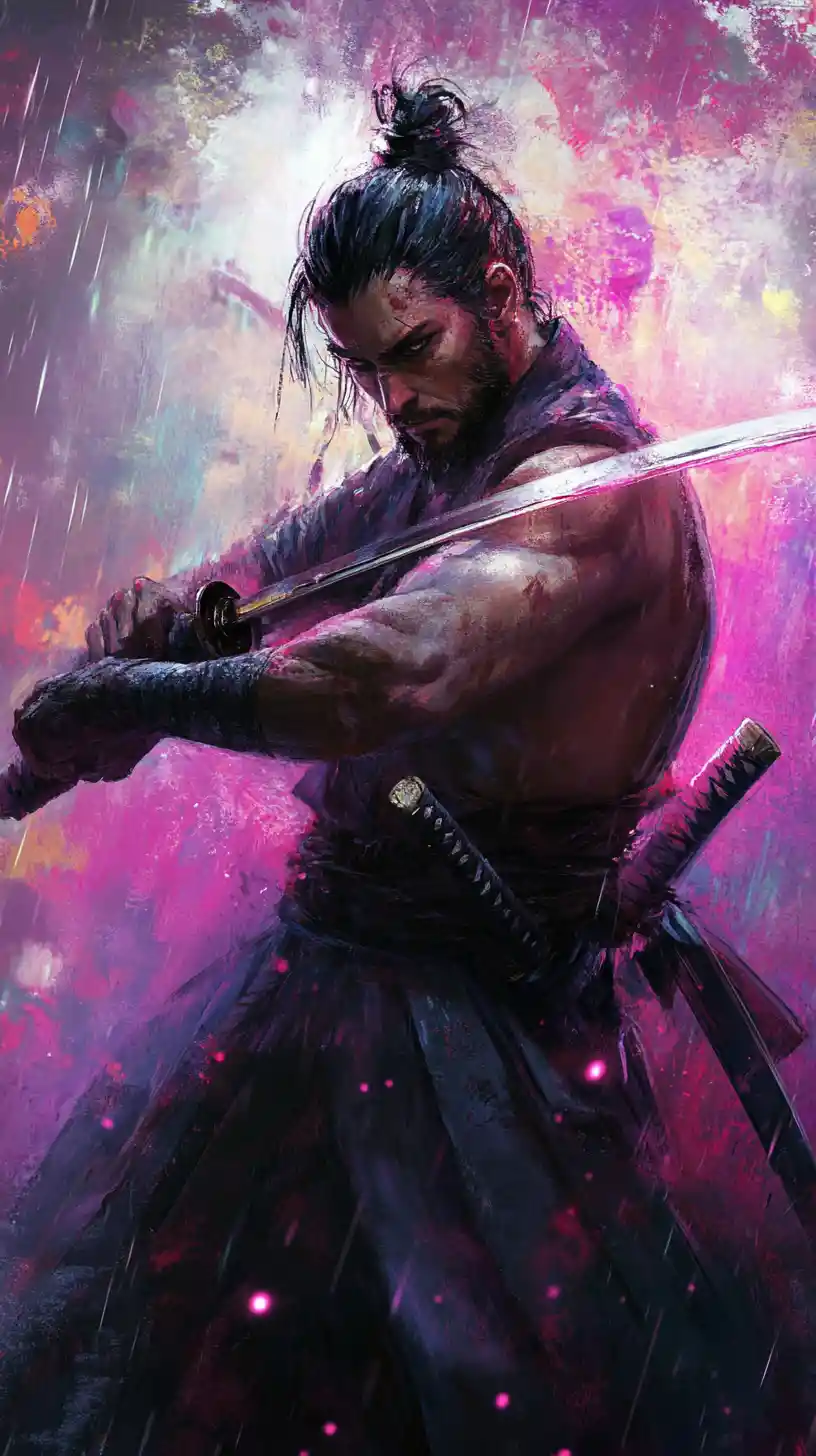 Samurai warrior wielding glowing pink katana in the rain