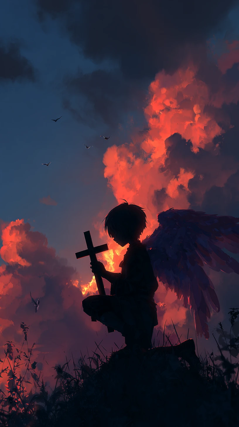 Silhouetted angel with cross against vivid sunset sky