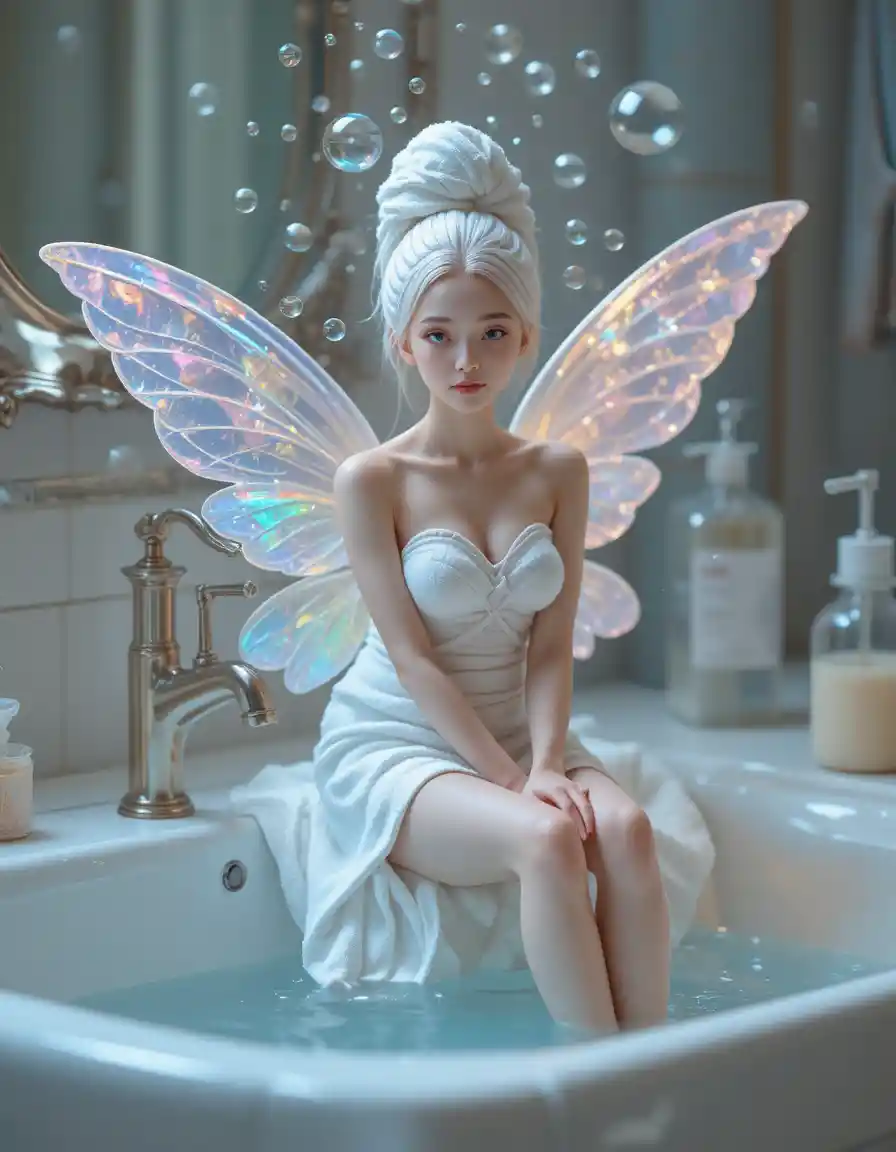 Tiny ethereal woman with wings by a porcelain sink