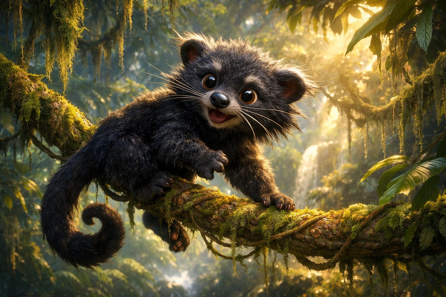 Baby binturong climbing a vine in lush rainforest canopy