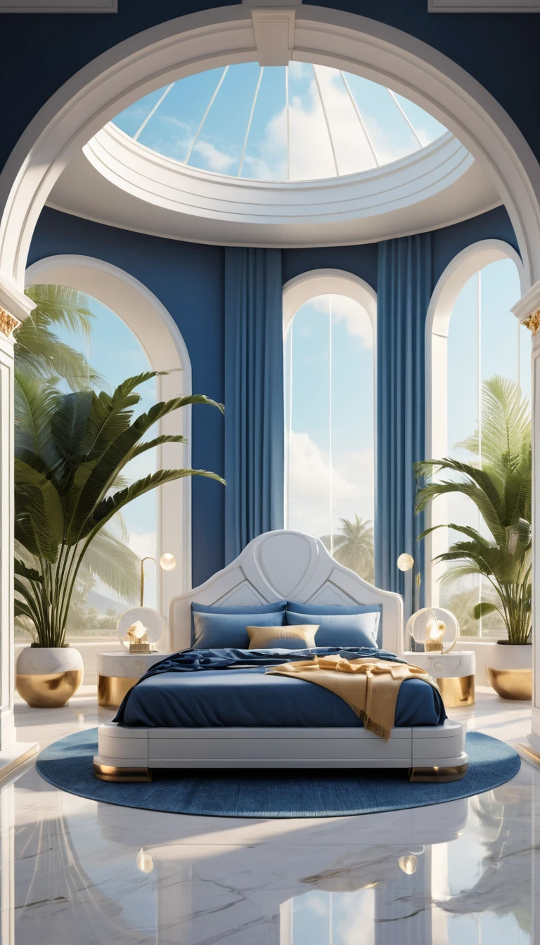 Futuristic open air bedroom with glowing royal bed