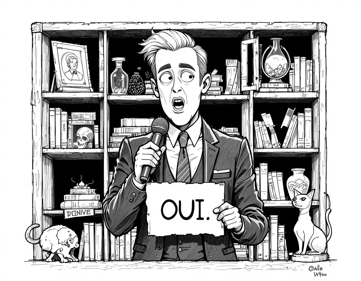 Crazy man in suit giving speech in cartoon library