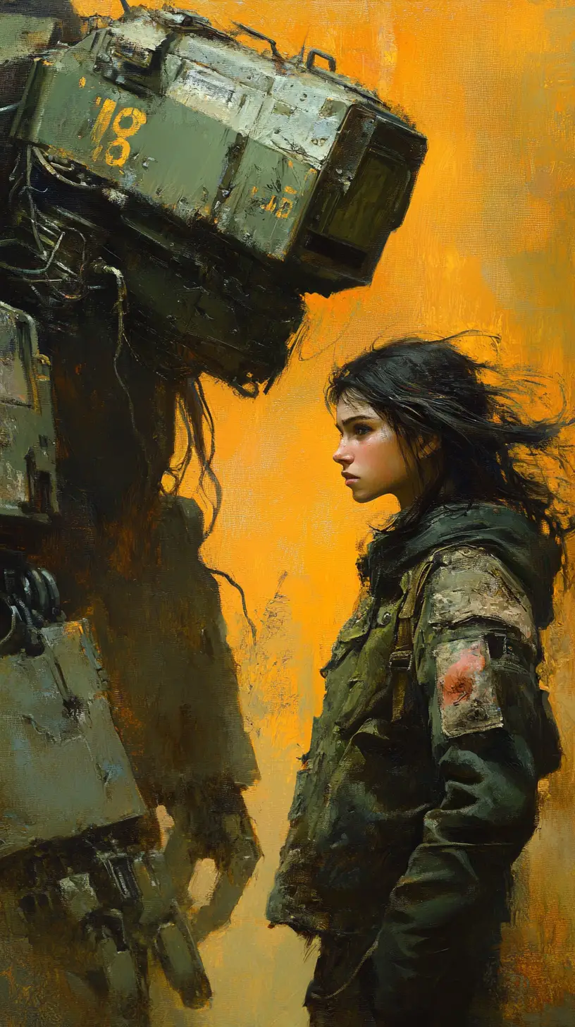 Young woman beside ruined mech in wasteland painting