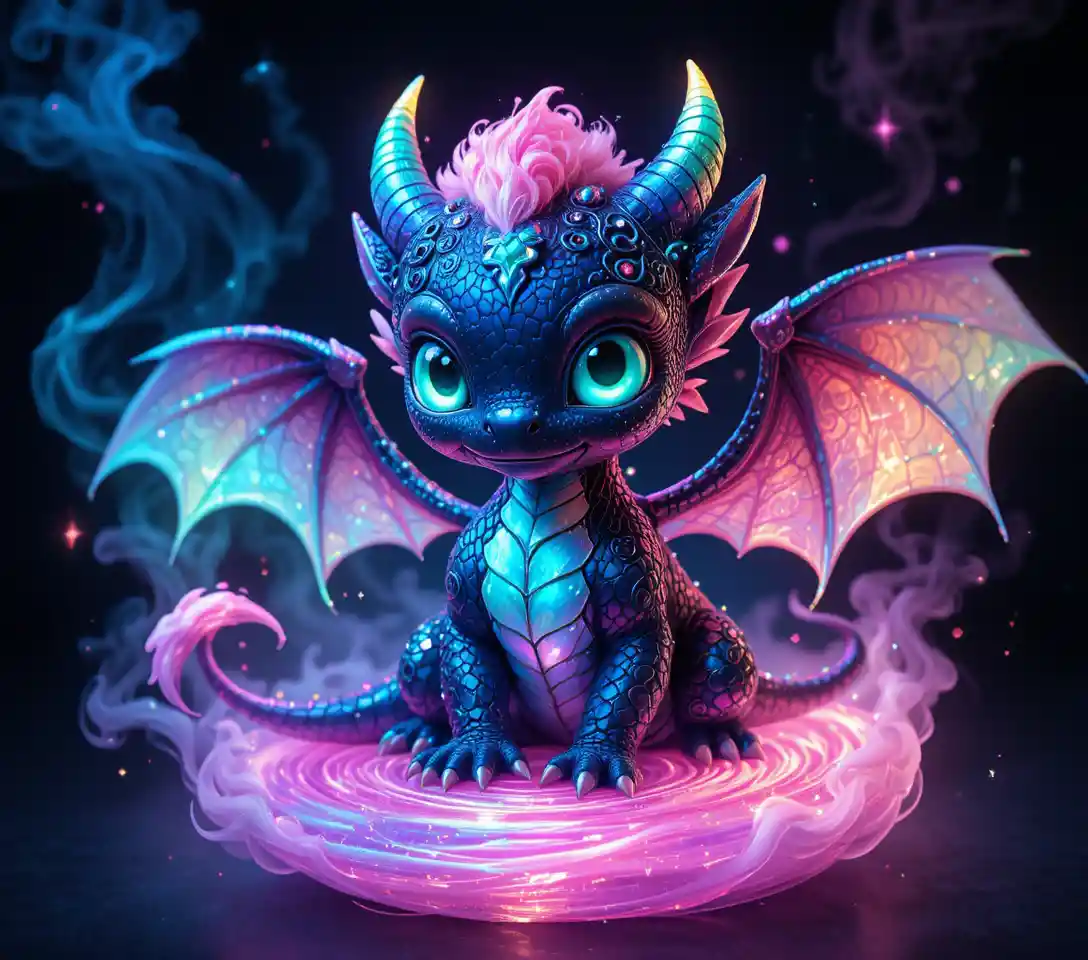 Cute baby dragon on glowing magical swirling base