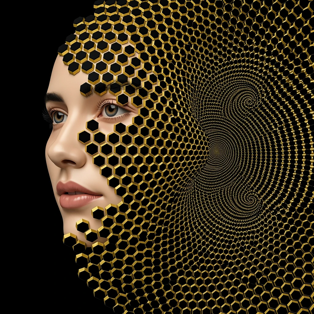 Menschliches Gesicht, das sich in ein hexagonales Op-Art-Gitter auflöst