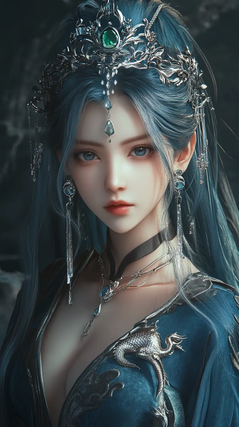 Regina fantasy al chiaro di luna con corona d’argento e capelli blu