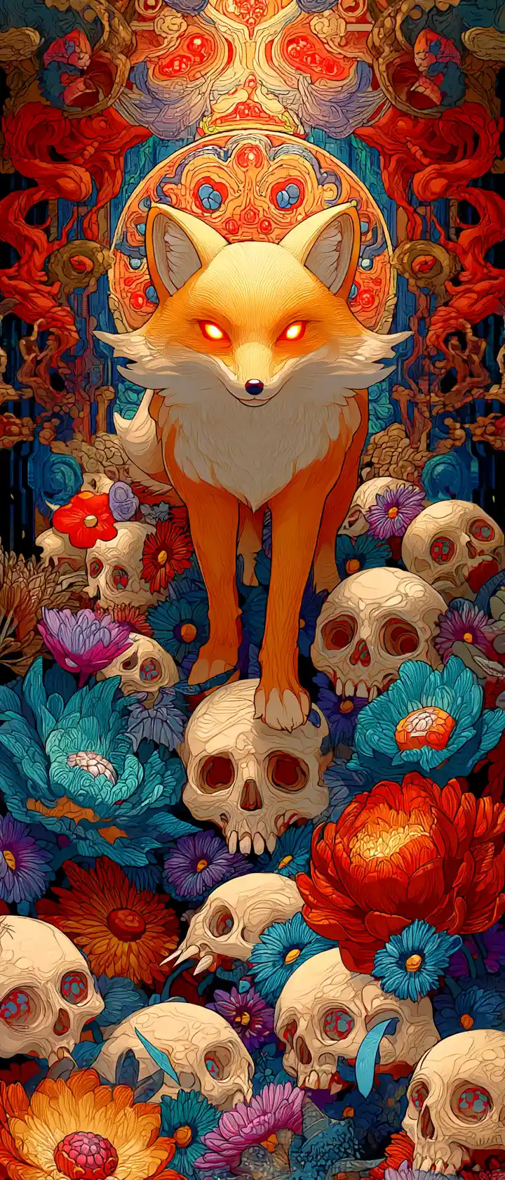 Mystischer Anime-Fuchsspirit tritt aus floraler Totenschädel-Pforte