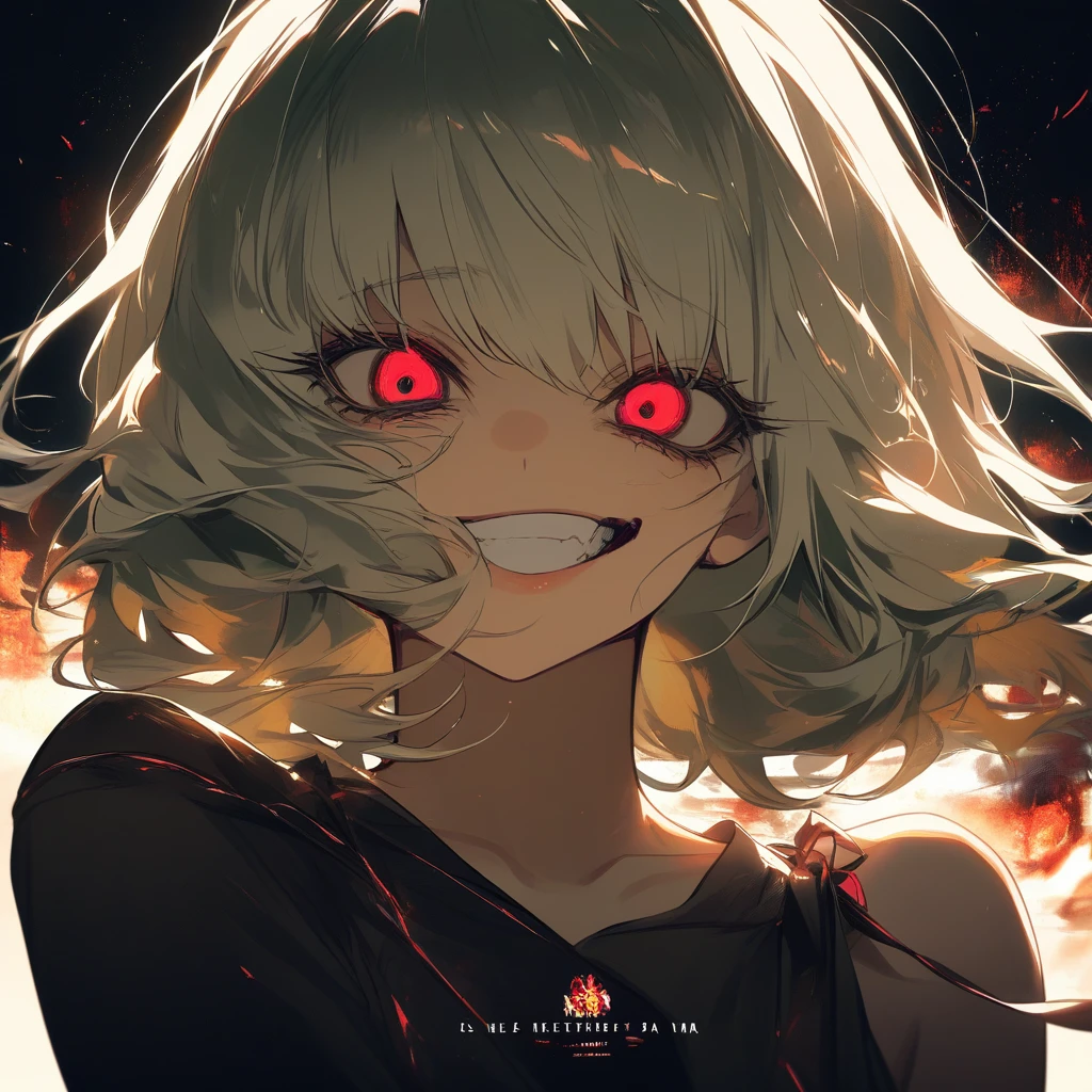 Anime woman with insane grin in dark shadowy scene