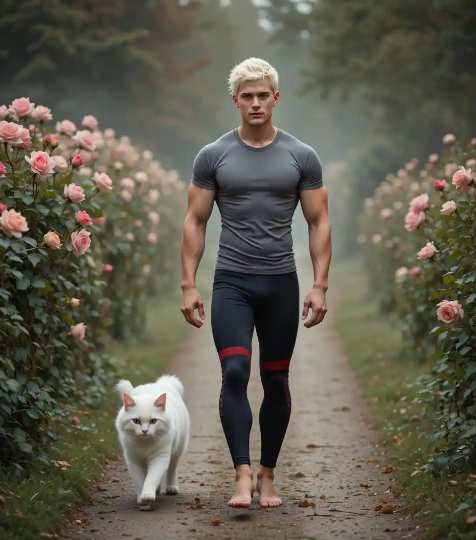 Young man walking barefoot on a misty garden path