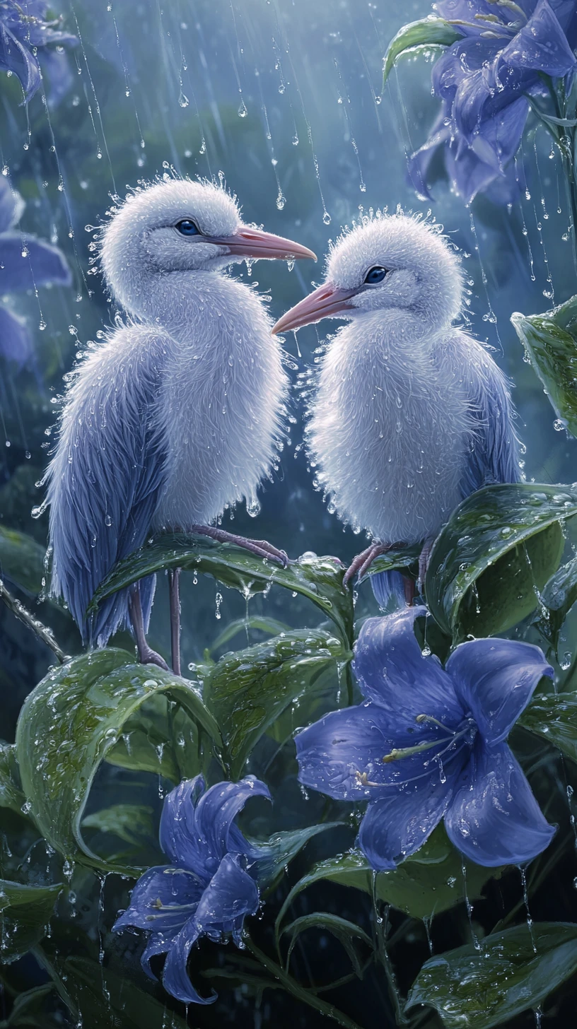 Two baby storks among blue bell flowers in soft rain