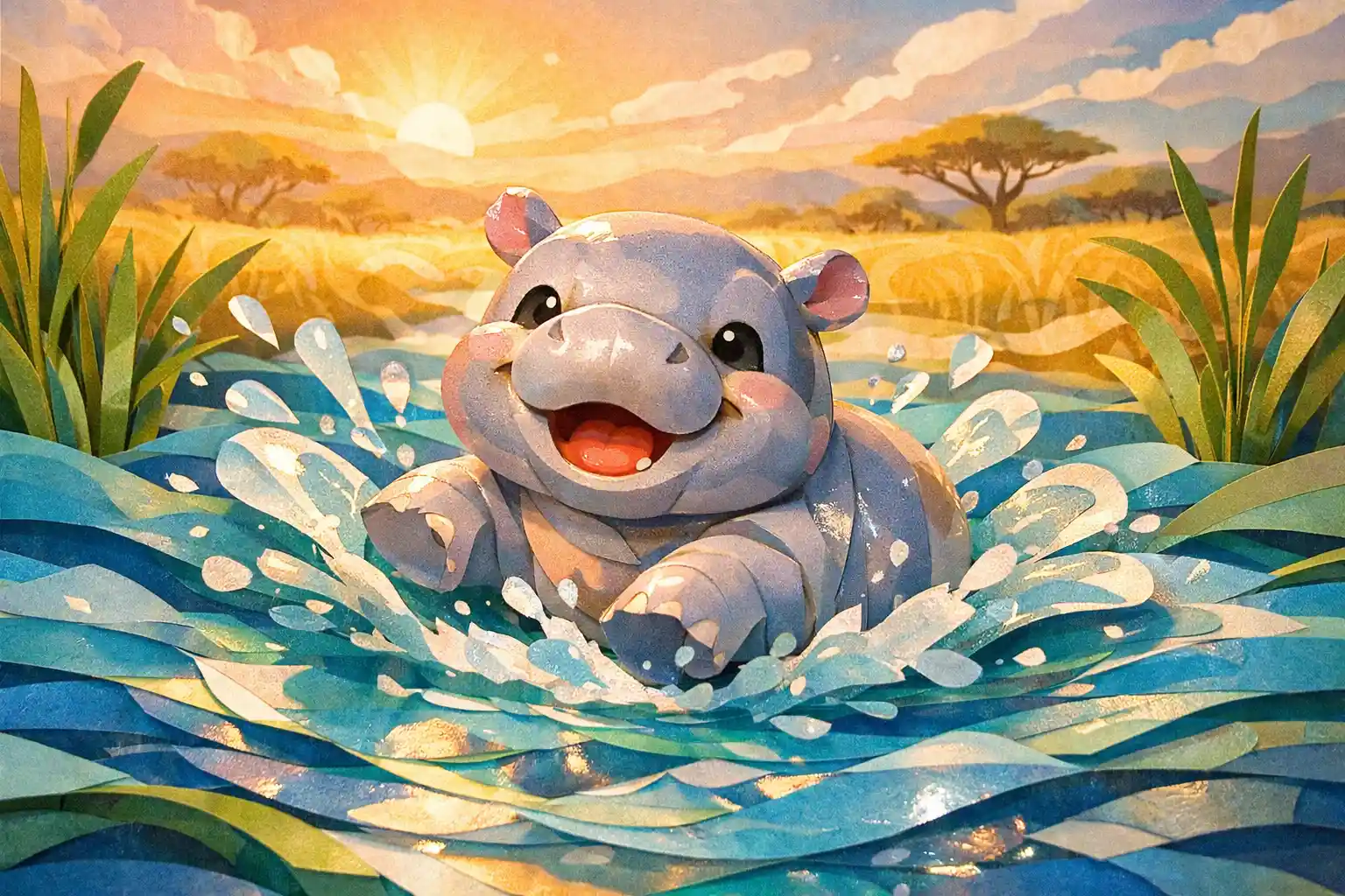Playful Baby Hippo Papercraft In A Shallow River Scene
