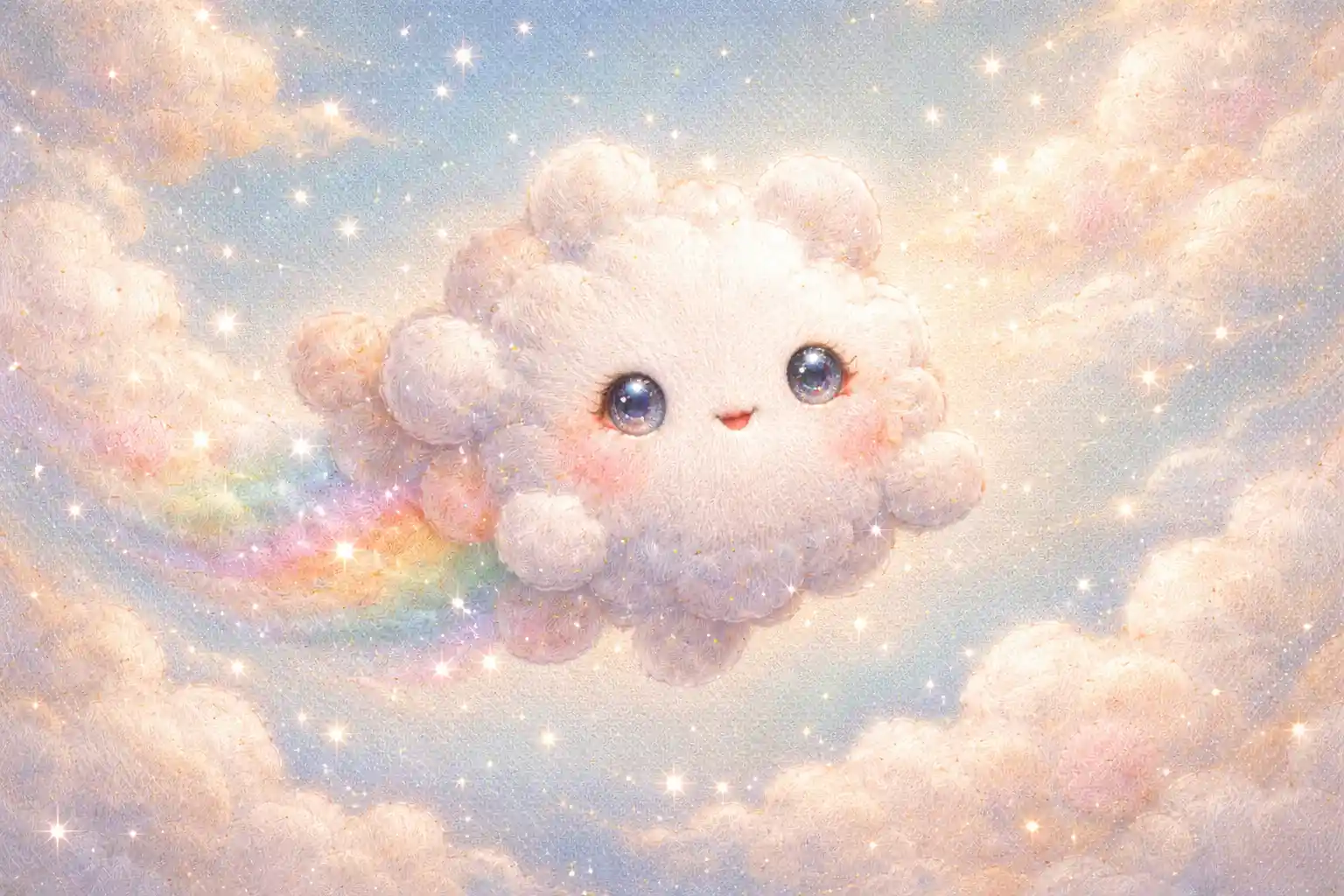 Whimsical baby puffcloud sprite in a pastel embroidered sky