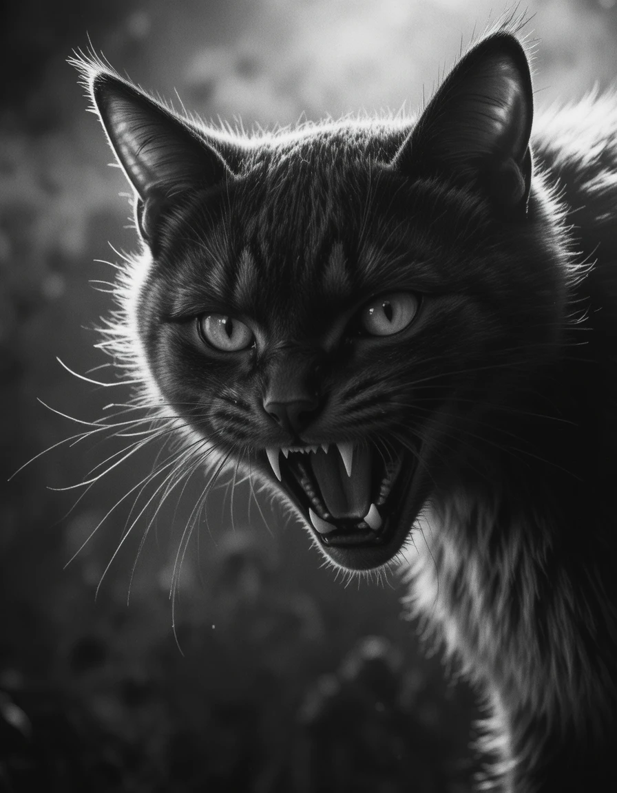 Angry cat close up in dramatic monochrome rim light