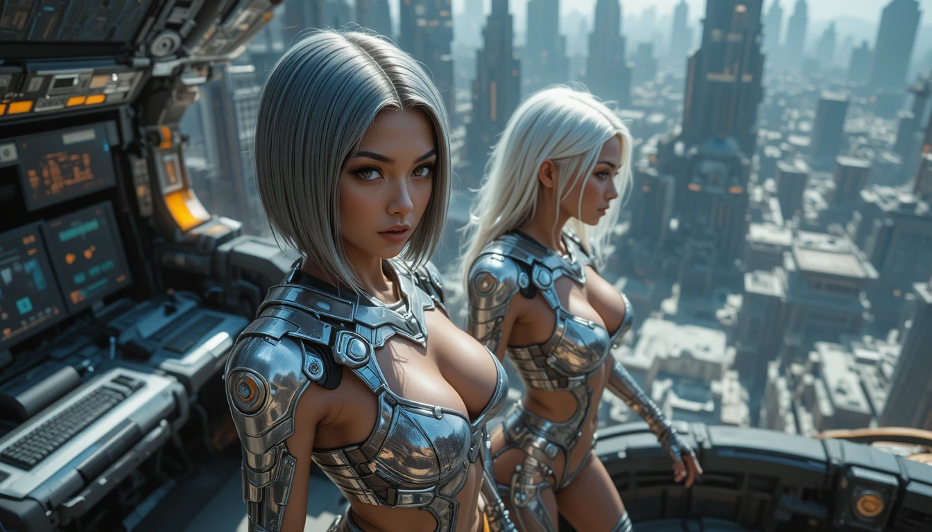 Two armored sci fi women on a futuristic balcony