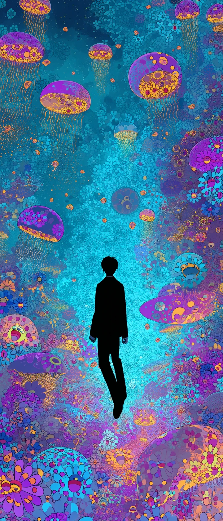Serene anime boy floating in a glowing cosmic jellyfish sea