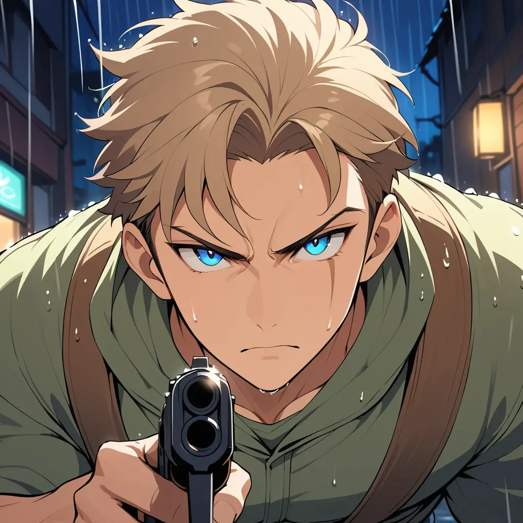 Serious armed man in the rain at night