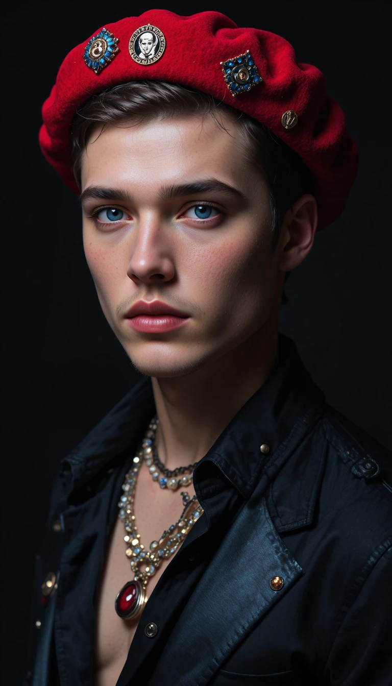 Young man in cherry beret against a dark background
