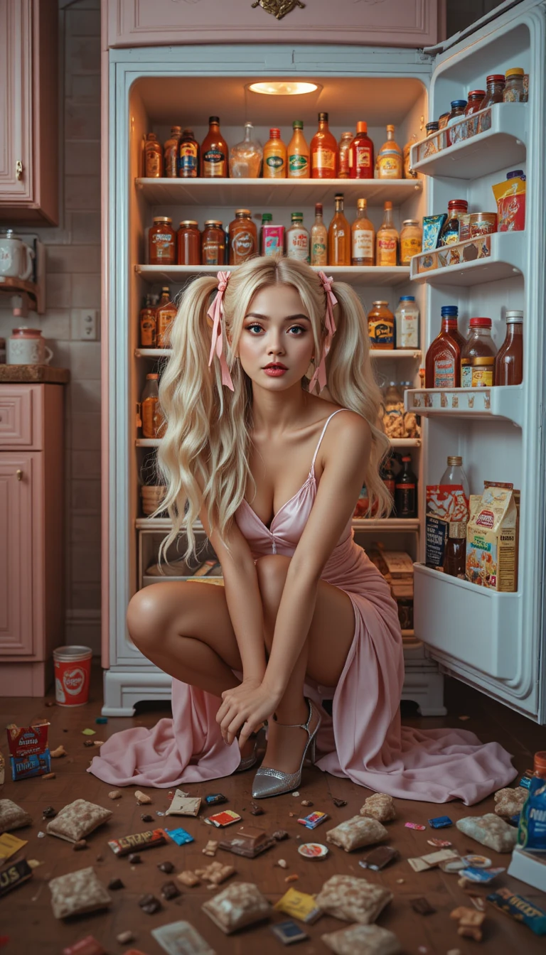 Glamorous blonde woman posing playfully by an open fridge