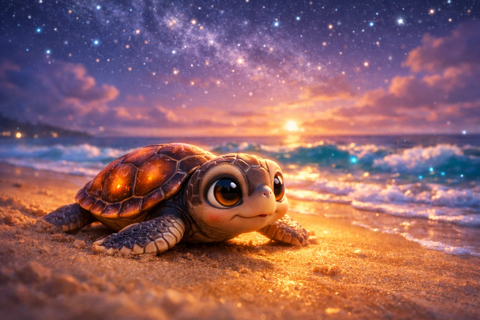 Baby sea turtle crawling across golden sand at dusk