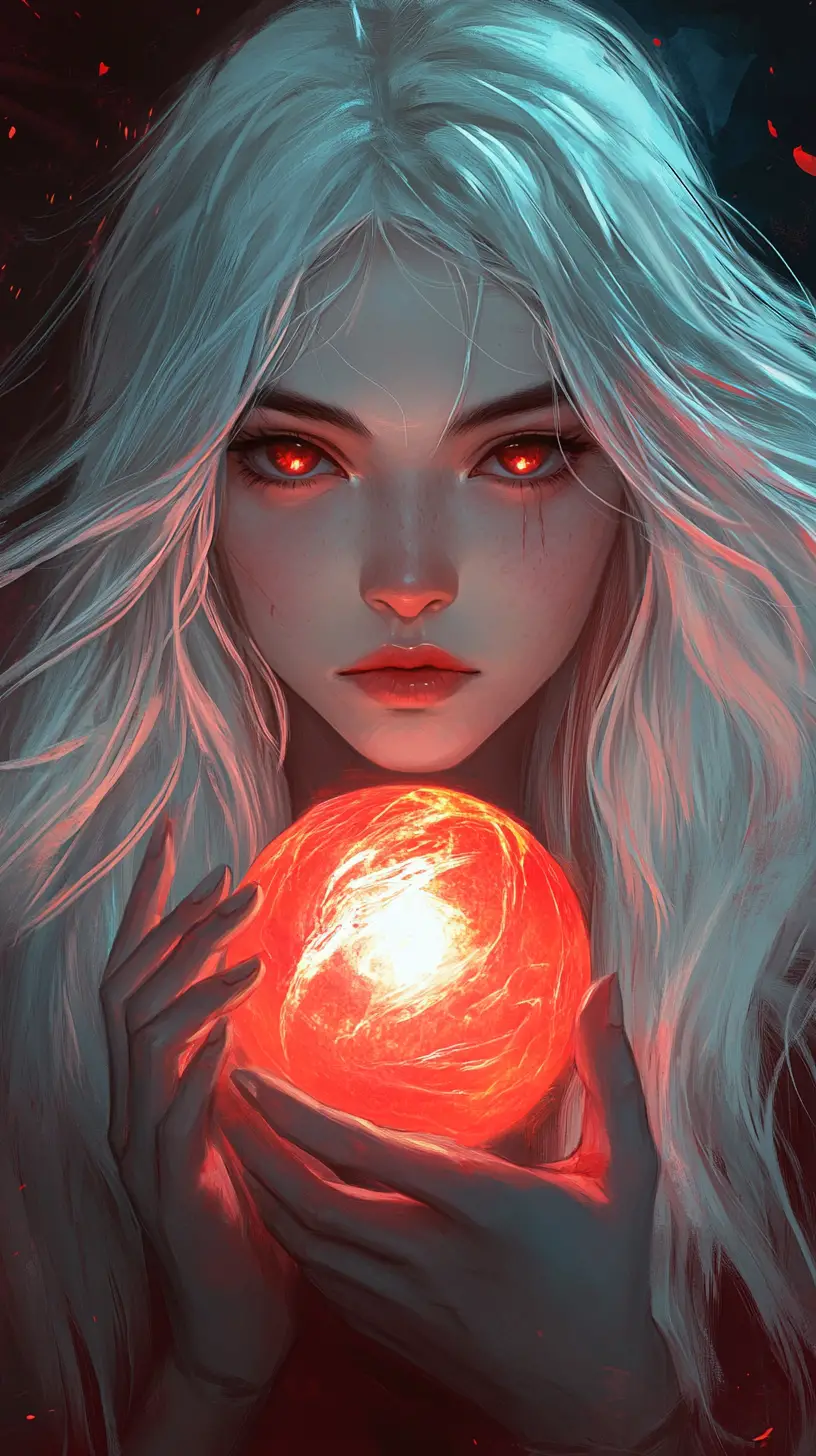 White haired anime girl holding a glowing red orb