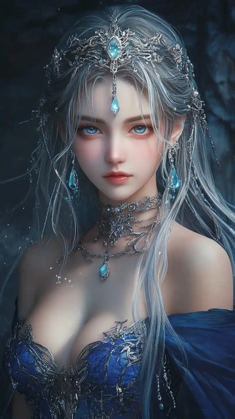 Elegant fantasy woman with jeweled tiara and blue cape