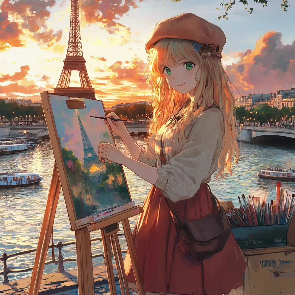 Anime bohemian girl painting by the Seine at sunset