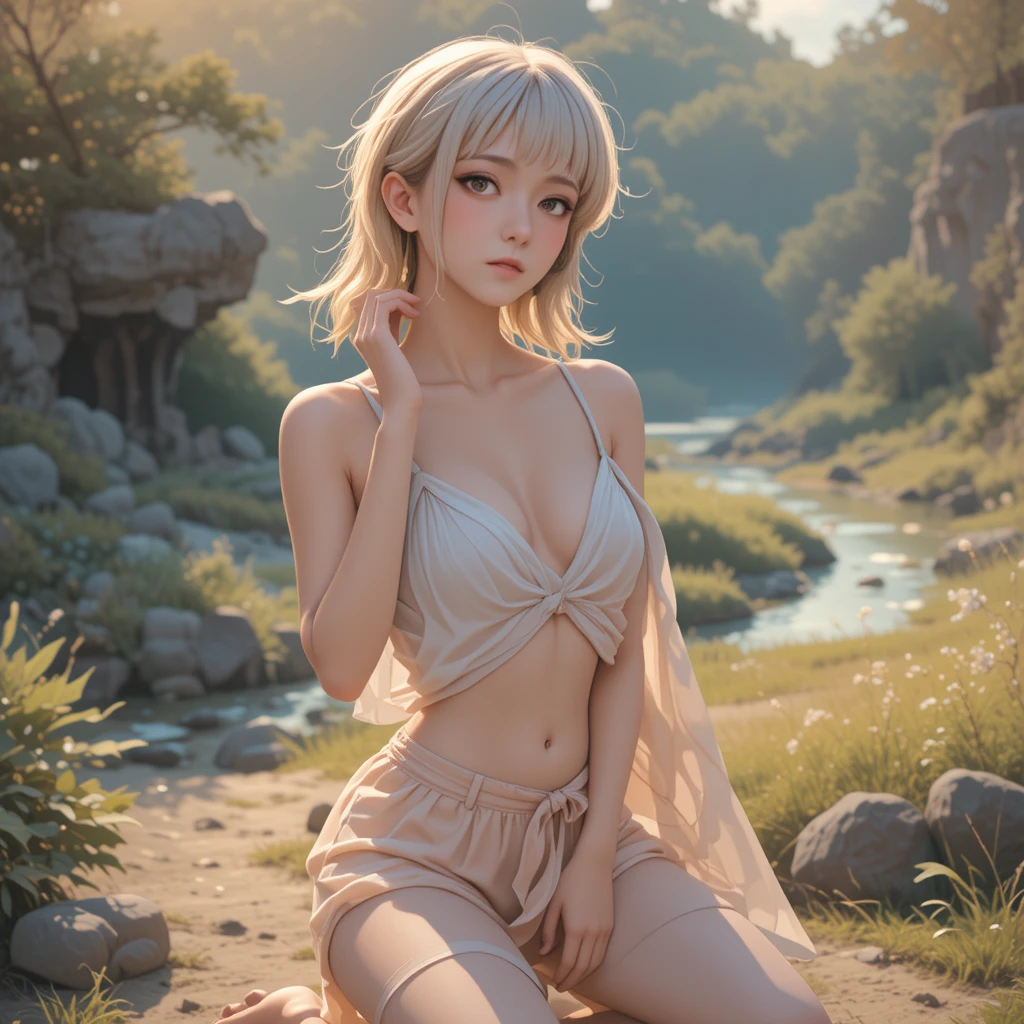 Donna bionda in stile anime in ginocchio su un fiabesco argine al tramonto