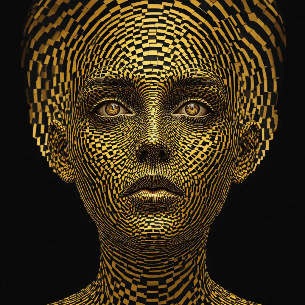 Human face dissolving into abstract hexagonal op art grid