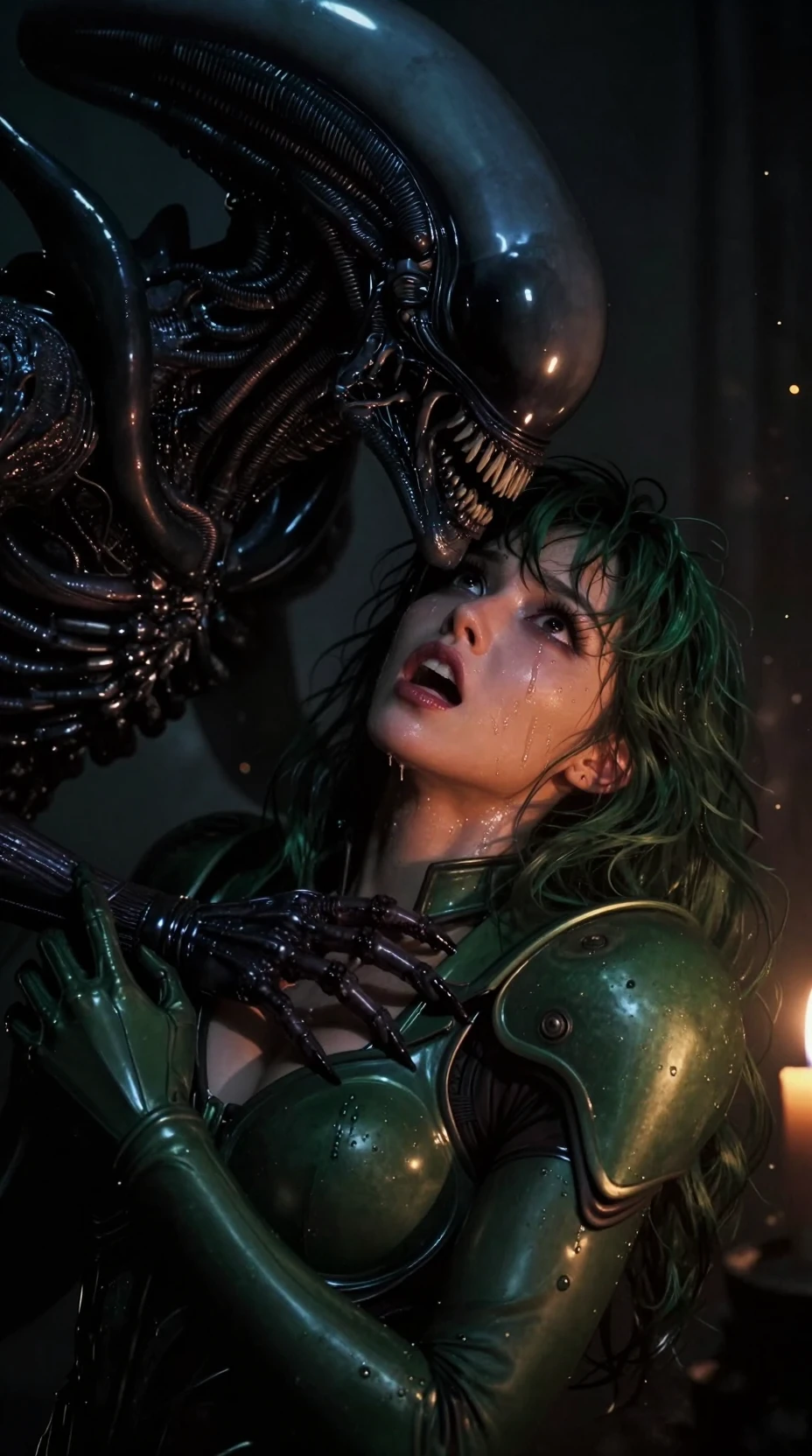 Terrified warrior woman facing looming alien in shadows