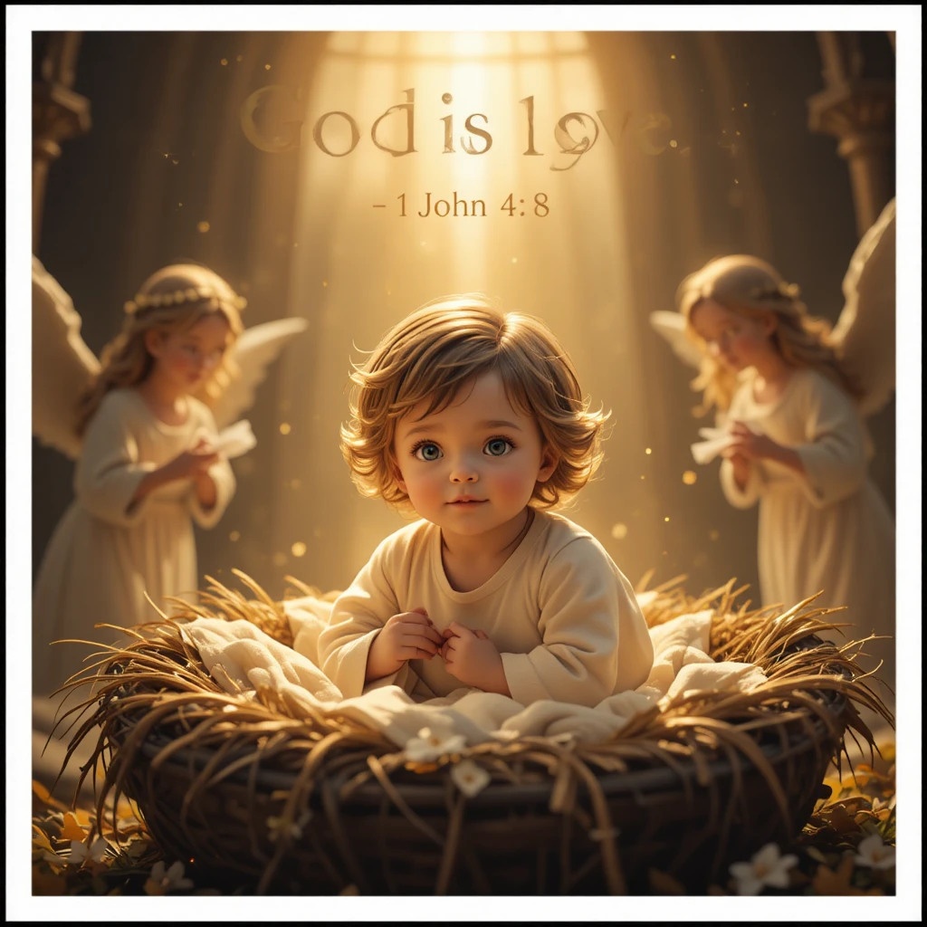 Baby in manger with angels and golden holy light