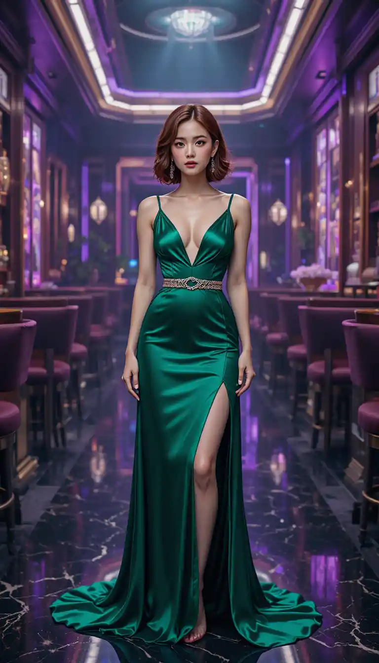 Donna coreana in abito di raso color smeraldo in nightclub al neon