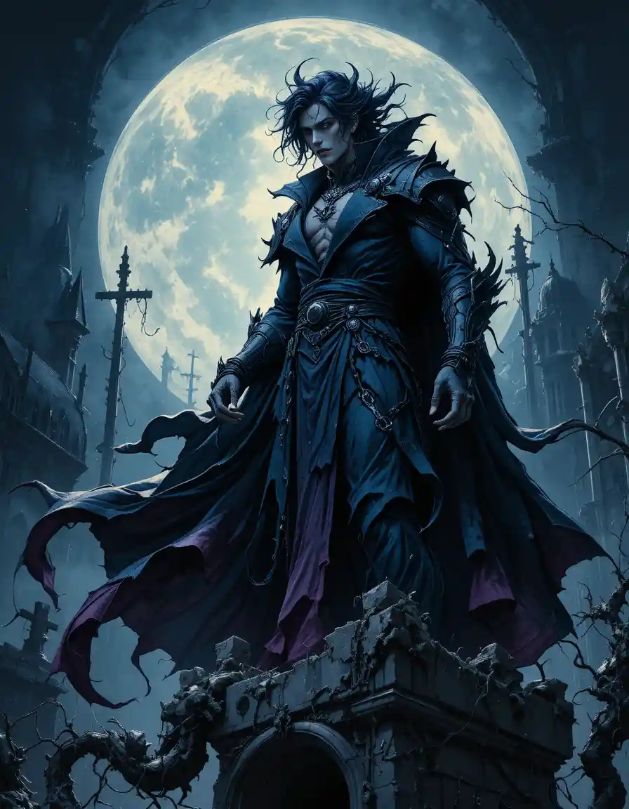 Vampire lord on a crumbling mausoleum under moonlight