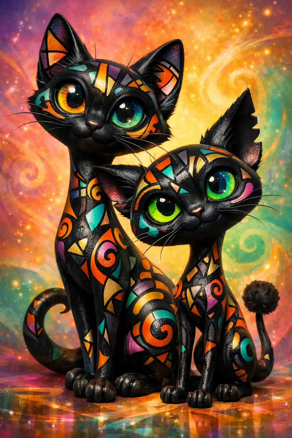 Whimsical 3d black cats with cubist patterned fur