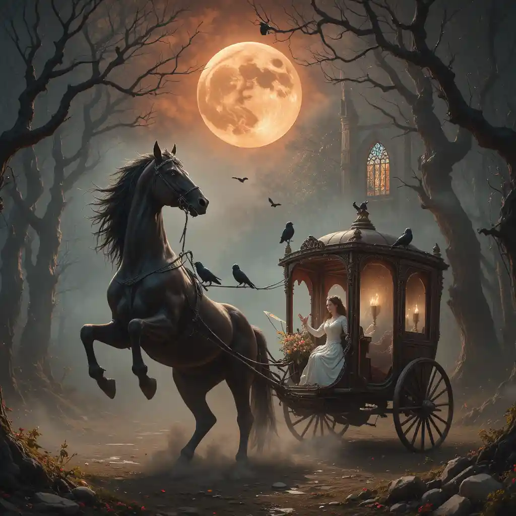 Cursed horse rearing before a ruined wedding carriage