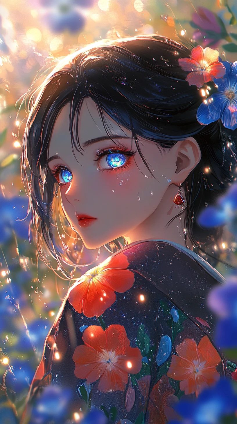 Anime girl in kimono with glowing galaxy eyes