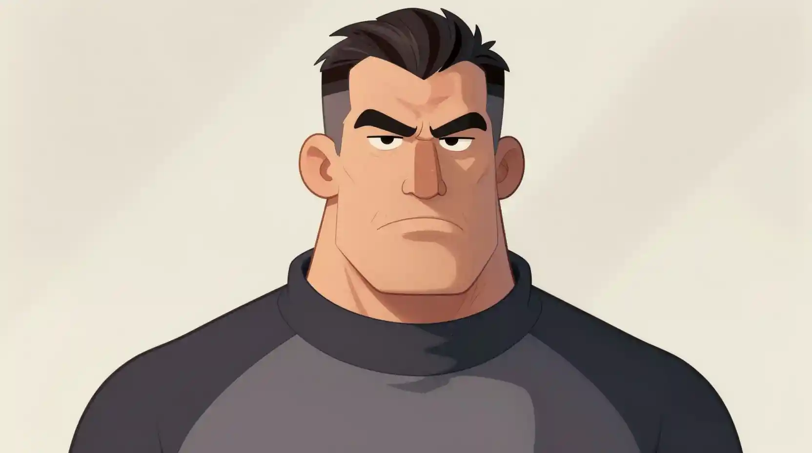 Cartoon portrait of a rugged man with strong square jaw