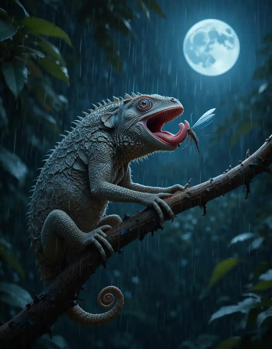 Chameleon catching a mosquito on a rainy moonlit night