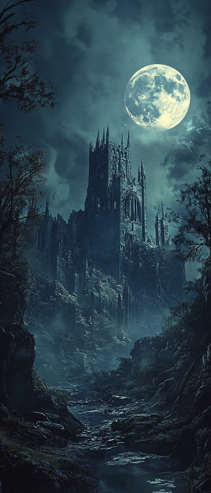 Ruined castle and dark forest under bright full moon