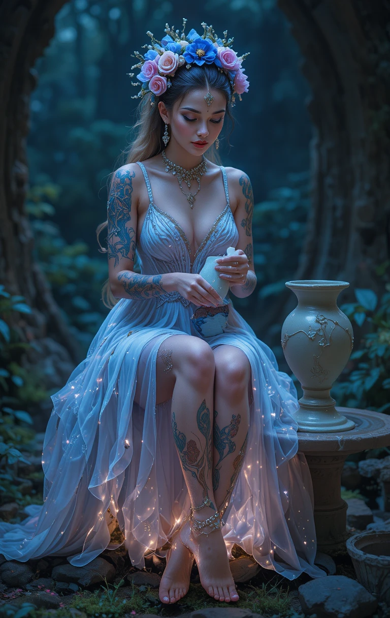 Fada tatuada modelando argila em um cogumelo brilhante