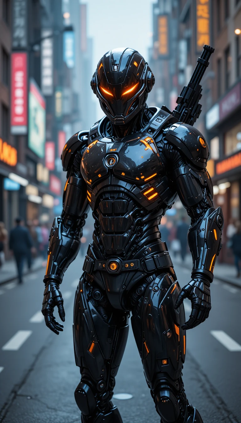Futuristic humanoid robot on a neon lit city street