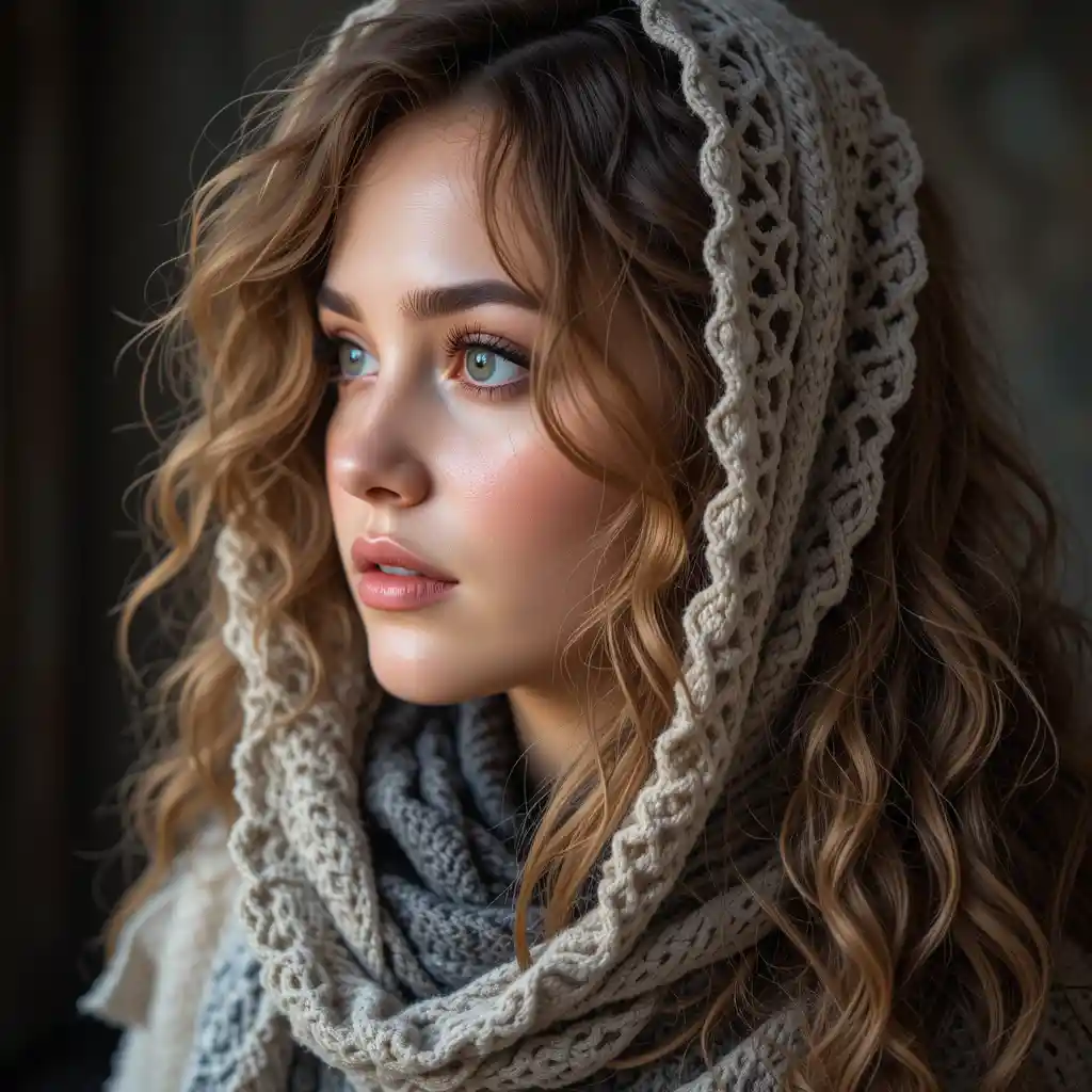 Beautiful woman in scarf with long curly hair in profile