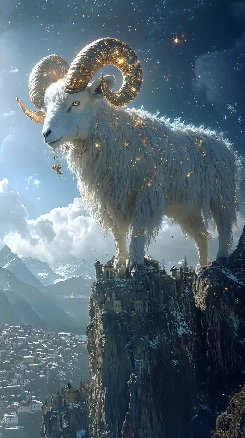 Galactic horned ram on cliffs above seaside village