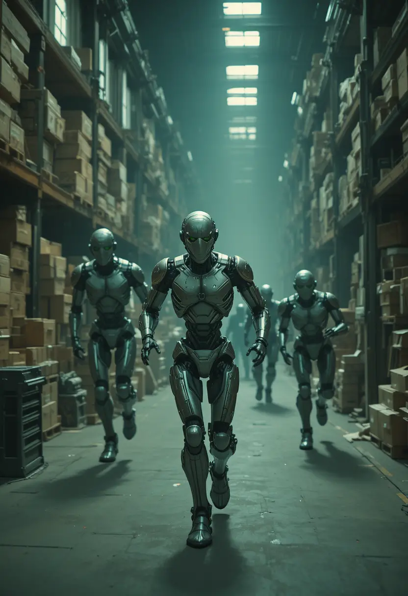 Futuristic humanoid robots running through a dark warehouse
