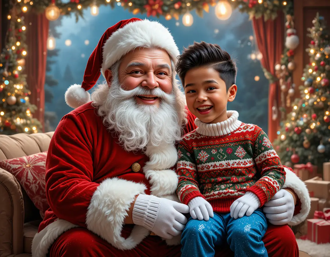 Santa Claus with excited boy in cozy Christmas setting