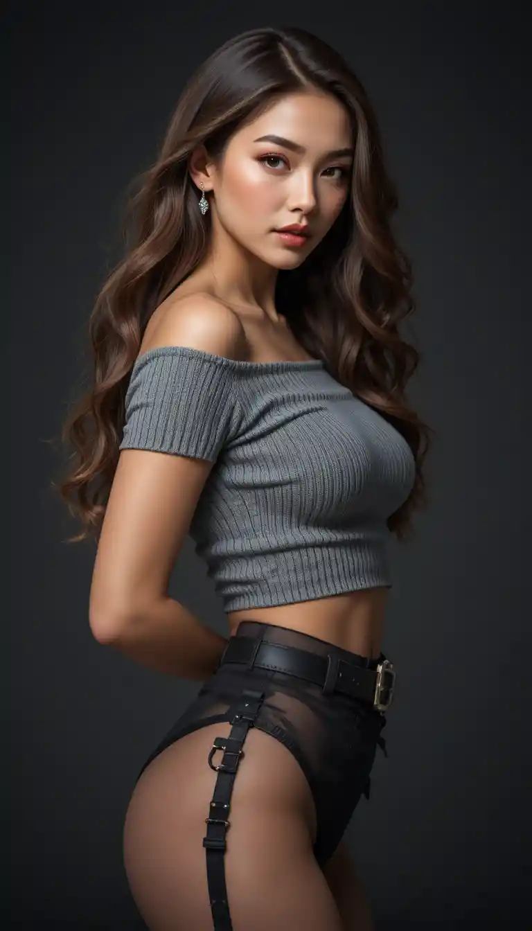 Studio portrait of young woman in gray knit crop top
