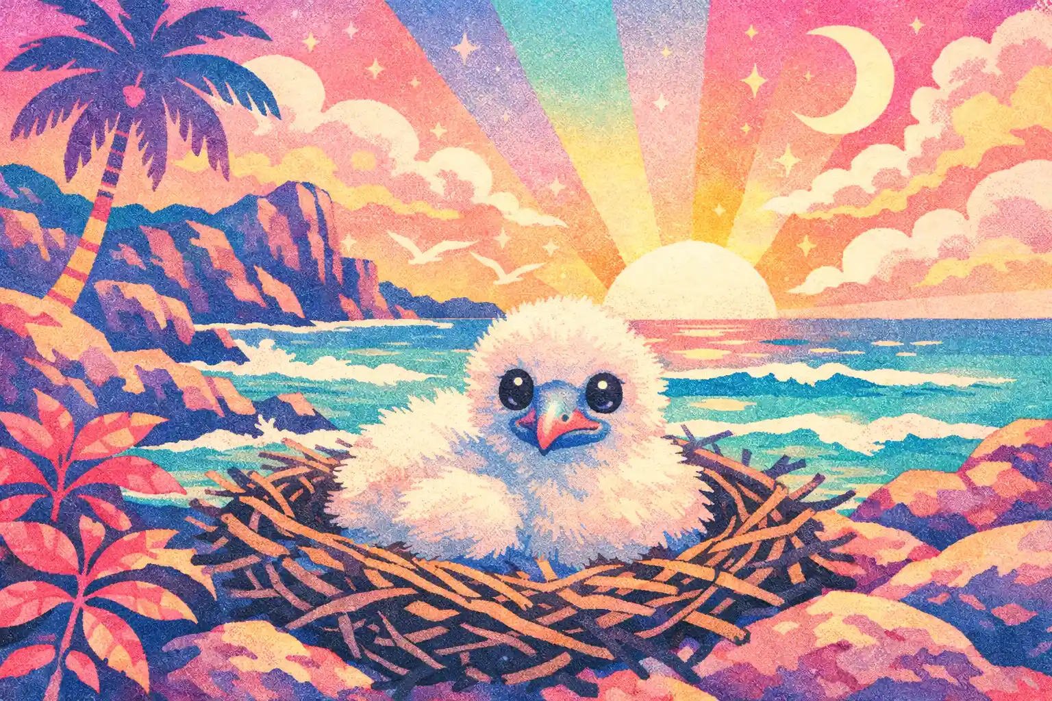 Baby seabird chick resting in a nest on rocky shore